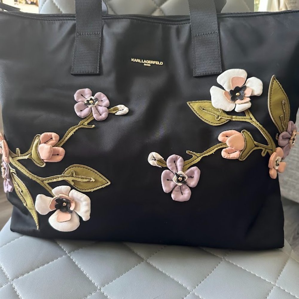 Karl Lagerfield Embroidered  Floewer Black Tote